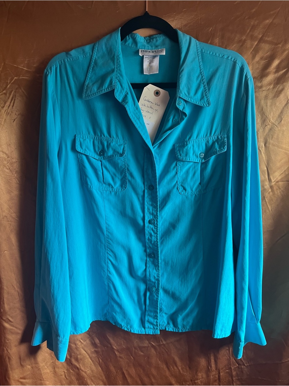 Vintage Principles Silk Turquoise Button-Front Shirt - Women's
